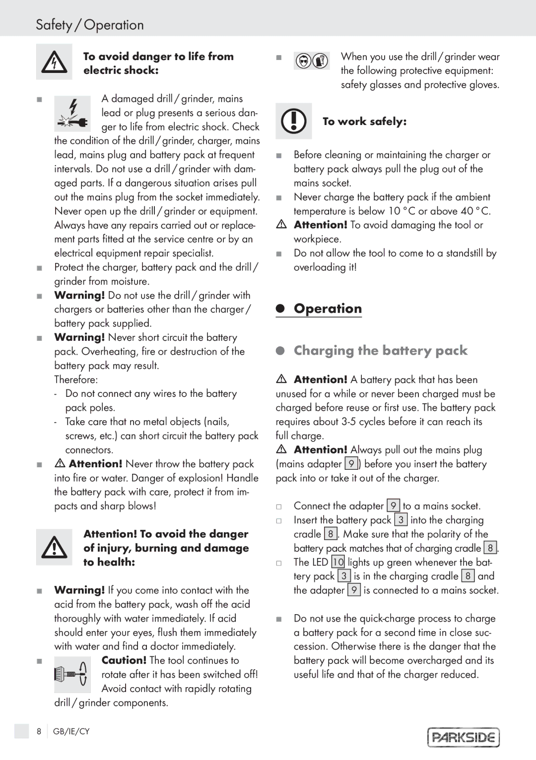 Kompernass 6 V manual Safety / Operation, Charging the battery pack, Drill / grinder components 